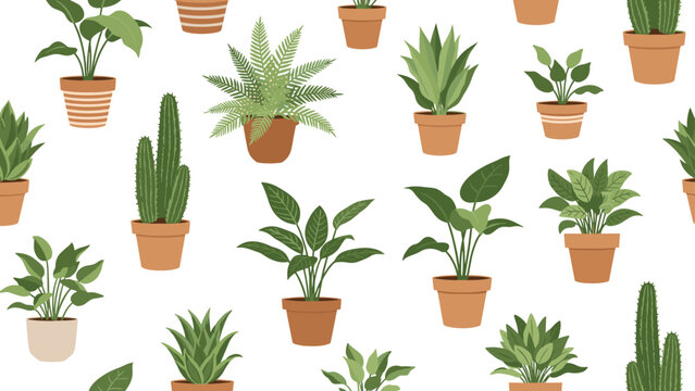 Seamless pattern featuring a charming variety of green potted plants and cacti for home decor and nature-inspired background designs.