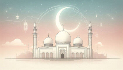 Minimalist Eid Mubarak Greeting with Mosque Line Art and Soft Watercolor Texture