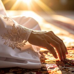 Close Up Of A Hand Resting On An Ornate Rug Under Golden Sunlight With Intricate Embroidery On White Clothing