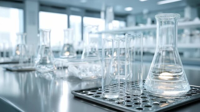 Modern laboratory interior with glass beakers and test tubes arranged on a metal rack, illuminated by natural light. Scientific research environment with advanced equipment and clean surfaces