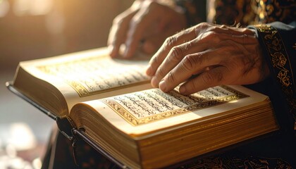 Elderly Hands Gently Turn Pages Of An Open Holy Book With Arabic Script Illuminated By Warm Sunlight Casting Soft Shadows Indoors