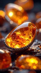 Close up of a glistening oval polished amber stone with internal inclusions set in a textured dark metallic bezel surrounded by similar stones on a dark textured surface with dramatic golden lighting