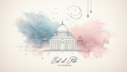 Minimalist Eid Mubarak Greeting with Mosque Line Art and Soft Watercolor Texture