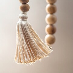 Close Up Macro Shot of a Cream Tassel and Wooden Beads Against a Soft Neutral Background with Subtle Lighting