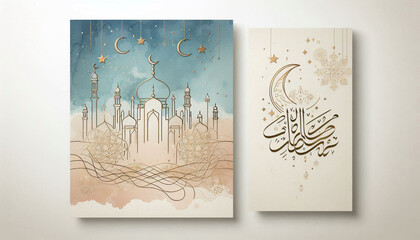 Minimal Islamic Mosque Illustration with Soft Pastel Watercolor Spiritual Background