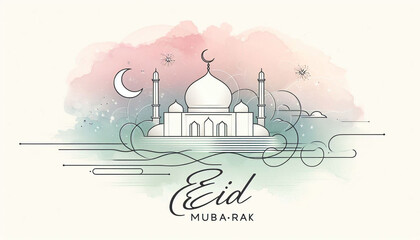 Minimal Islamic Mosque Illustration with Soft Pastel Watercolor Spiritual Background