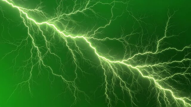 Green lightning bolt and electric storm background. Glowing electrical discharge across a dark green sky. Dynamic meteorological vector illustration.