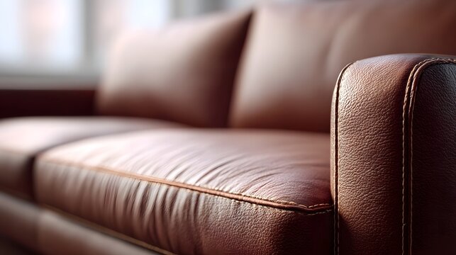 A detailed close up shot highlights the rich texture and inviting comfort of a leather sofa within a softly lit home interior design