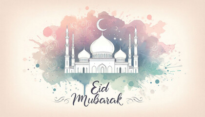 Elegant Minimal Mosque Architecture Line Art with Watercolor Eid Mubarak Greeting