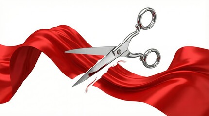 silver scissors cutting red satin ribbon isolated on white background