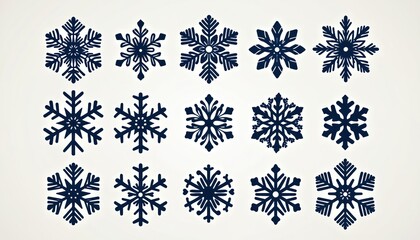 Collection of dark blue snowflake icons on white background. Different shapes and sizes represent winter symbols. Use for holiday design elements, weather icons, or decoration.
