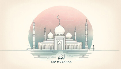 Minimal Continuous Line Mosque Drawing with Soft Watercolor Islamic Holiday Background