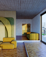 Naklejka premium Large luxury modern bright interiors Living room mockup illustration 3D rendering Digitally Generated Image