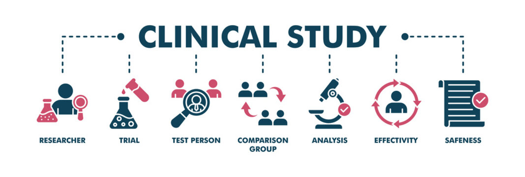 Clinical study banner web fill vector illustration concept for clinical trial research with an icon of researcher, trial, test person, comparison group, analysis, effectivity, and safeness