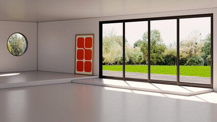 Naklejka premium Large luxury modern bright interiors Living room mockup illustration 3D rendering Digitally Generated Image