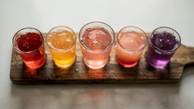 Overhead medium shot showcasing a wooden flight board with small glasses of fruity sodas main glass sharply in focus with surrounding glasses softly out of focus.
