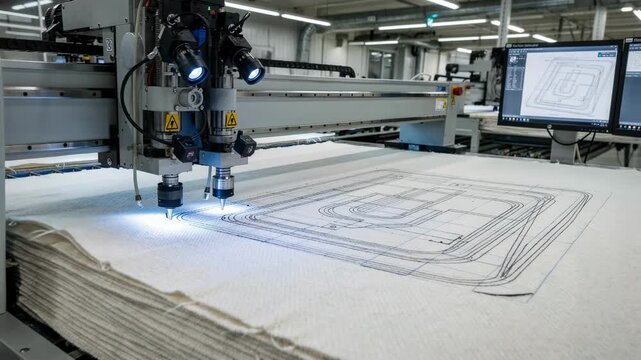 Medium shot of automated cutters slicing knit fabrics guided by a precision camera system to optimize material use and minimize cutting mistakes.