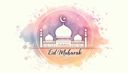 Modern Eid Mubarak Typography with Minimal Mosque Line Illustration Watercolor Backdrop