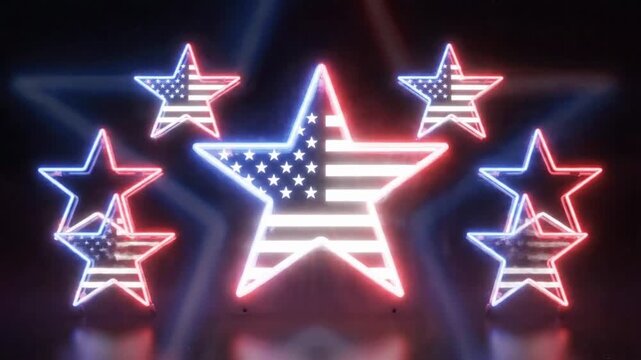 Bright neon stars shine in dark background for art display at local event