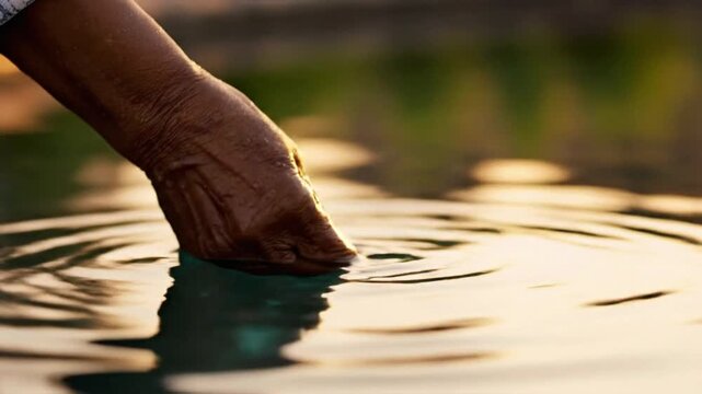 Hand touching water at sunset shows connection to nature in warm light near a calm pool