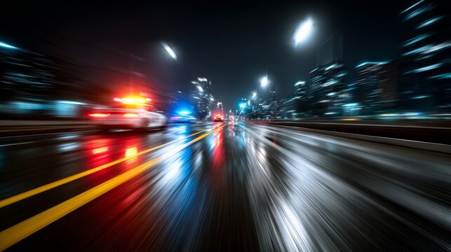 A blurry image of a police car driving down a wet road at night. The car is surrounded by other cars and the street lights are on. Scene is fast-paced and intense
