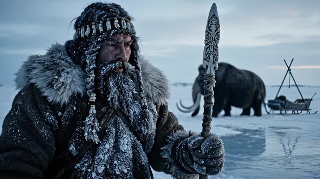Primitive hunter holds carved spear in winter snow. Man breathes steam in freezing cold. Warrior wears fur near woolly mammoth. Prehistoric man watches prey. Ancient hunter survives in ice age.