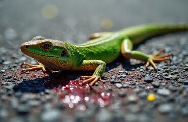 Obraz premium Green lizard on asphalt with blood puddle nearby. Reptile lying on road surface with gravel and dirt. Vivid wildlife photo showing small creature aftermath of road incident.