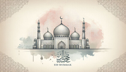 Minimal Line Art Islamic Mosque with Abstract Watercolor Eid Celebration Background