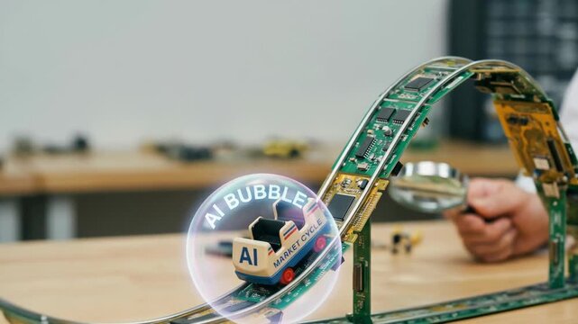 Circuit board roller coaster with AI Market Cycle car inside a bubble representing tech bubble and market volatility