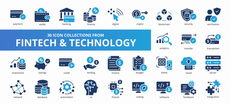 Set of 30 collection of fintech and technology icons suitable for web and mobile application. Set of glyph blue style icons with payment, wallet, banking, finance, digital, and more icons.