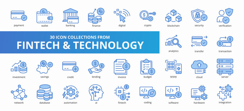 Set of 30 collection of fintech and technology icons suitable for web and mobile application. Set of outline blue style icons with payment, wallet, banking, finance, digital, and more icons.