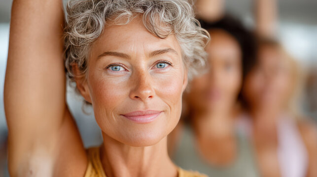 Confident midlife woman leading group stretching class in studio with other women in background for wellness program brochure and fitness studio marketing materials