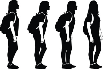 Backpack posture silhouette illustration set, four black icons side view upright slouched leaning comparison ergonomic design, vector artwork, lifestyle and educational theme, isolated background ©  BAKKOR