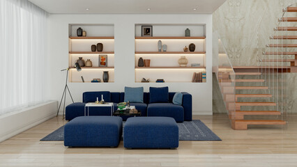 Naklejka premium Large luxury modern bright interiors Living room mockup illustration 3D rendering Digitally Generated Image