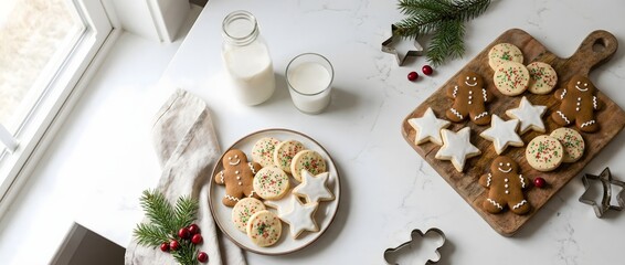 Festive Assortment of Homemade Cookies and Fresh Milk on a Marble Kitchen Countertop