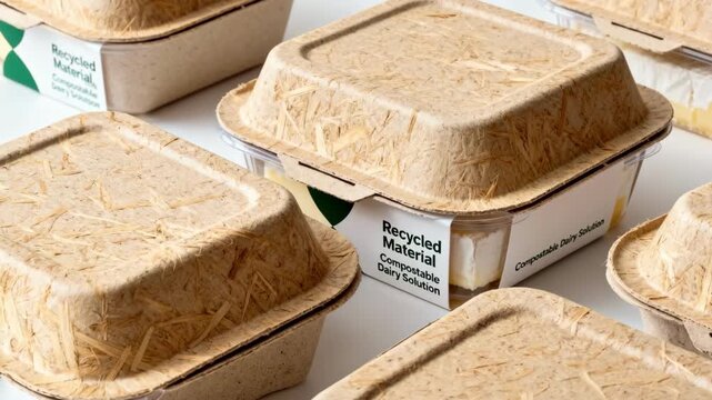 Medium shot focusing on molded fiber lids covering cheese packages showcasing recycled material usage and compostable dairy product solutions.