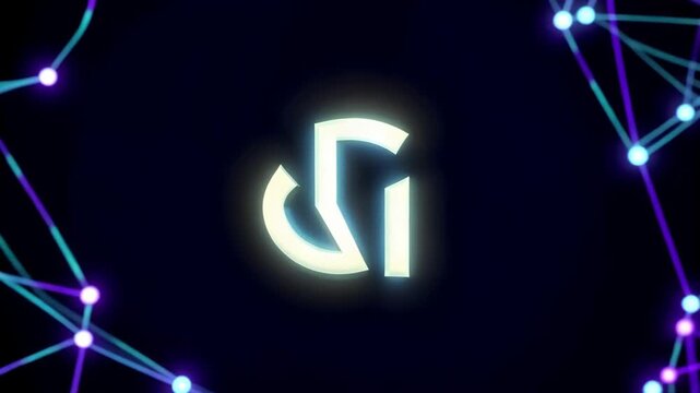 Futuristic glowing logo reveal animation with abstract network connecting dots and lines on dark background for tech brands