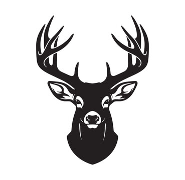 black silhouette of a buck deer head with large antlers on white background
