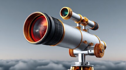 A telescope with a red lens and gold frame. The telescope is on a tripod and is pointed towards the sky
