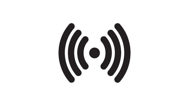 Simple black and white icon representing broadcast signal transmission waves emanating from a central source