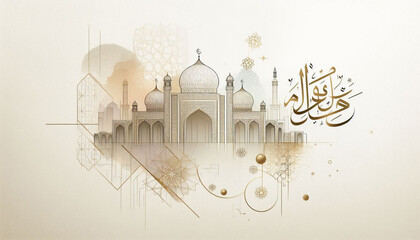 Simple Mosque Outline Illustration with Soft Watercolor Eid Mubarak Greeting Card