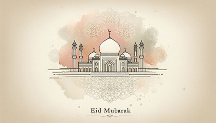 Minimalist Mosque Silhouette Line Art with Pastel Watercolor Islamic Festival Background