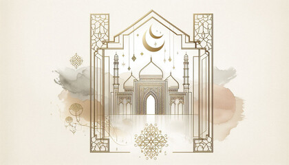 Elegant Eid Mubarak Mosque Outline Illustration with Pastel Watercolor Islamic Design