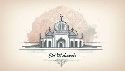 Elegant Eid Mubarak Mosque Outline Illustration with Pastel Watercolor Islamic Design