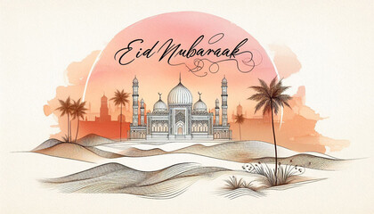 Minimalist Line Art Mosque with Soft Watercolor Background Eid Mubarak Greeting