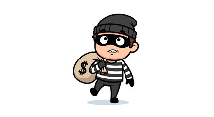 Obraz premium Cartoonish burglar character with loot sack exhibiting a guilty expression on isolated background