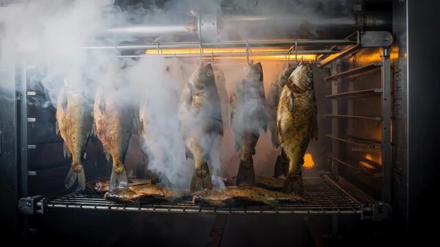 Medium shot capturing fish moving through a dense heavy smoke chamber emphasizing the rich intense smoking process in an industrial seafood production environment.
