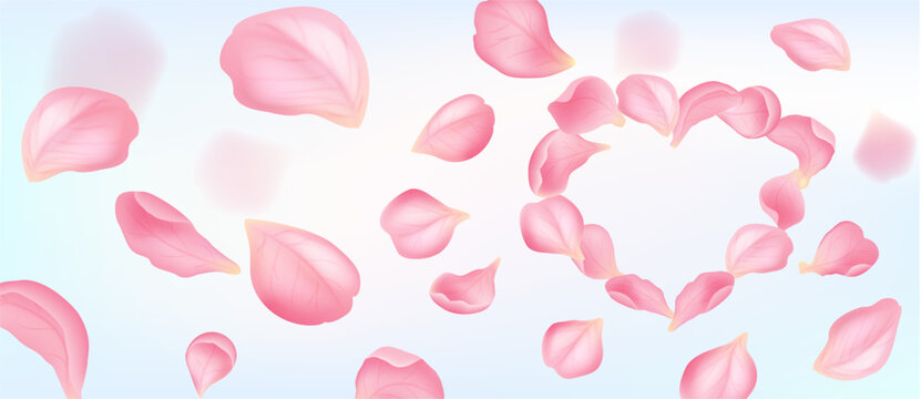 Pink sakura petals forming heart shape on soft pastel background. Romantic spring mood for valentine, mother day, wedding greeting card and seasonal love design