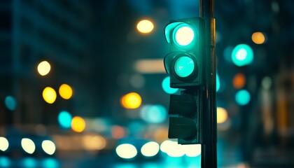 Traffic light illuminated in green signaling vehicles to proceed through a busy urban intersection during the night