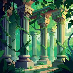 Ancient stone pillars ruins covered with green vines in a lush forest